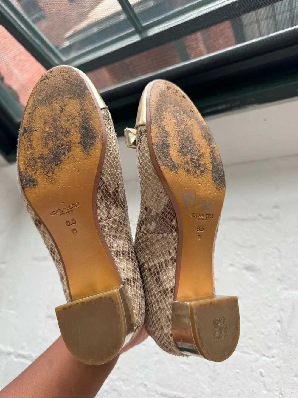 Coach ‘Rivera’ Metallic Taupe Snake-Print Low Block Heel Flats with Bow